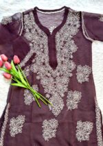 Alice Georgette Chikankari Long Straight Kurti - Wine - Image 3