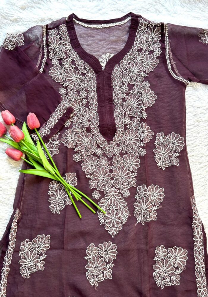 Alice Georgette Chikankari Long Straight Kurti - Wine - Image 3