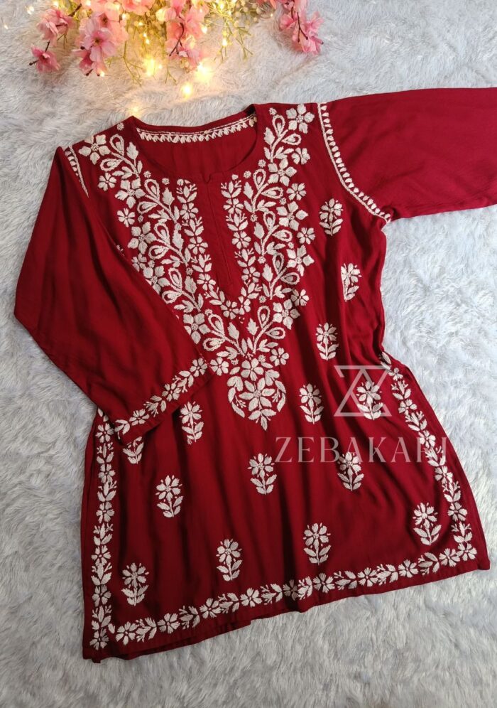 Daisy Chikankari Rayon Short Kurti - Maroon - Image 1