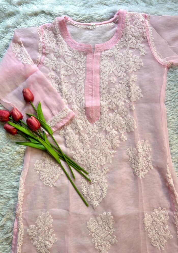 Alice Georgette Chikankari Long Straight Kurti - Baby pink - Image 2