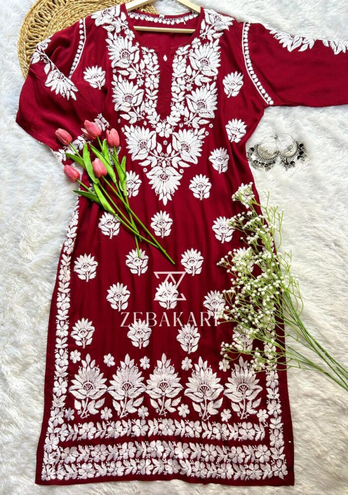 Mily Maroon Chikankari Modal Long Kurta - Image 2