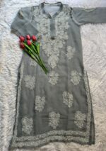 Alice Georgette Chikankari Long Straight Kurti - Grey - Image 2