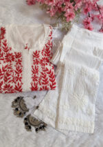 Sadiya Cotton Chikankari Long Kurti with Pant - Red - Image 2