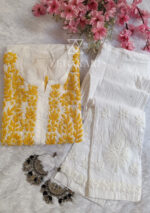 Sadiya Cotton Chikankari Long Kurti with Pant- Yellow