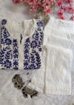 Sadiya Cotton Chikankari Long Kurti with Pant- Blue - Image 2