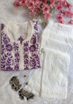 Sadiya Cotton Chikankari Long Kurti with Pant- Purple - Image 2
