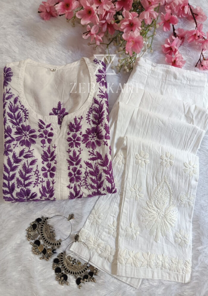 Sadiya Cotton Chikankari Long Kurti with Pant- Purple - Image 2