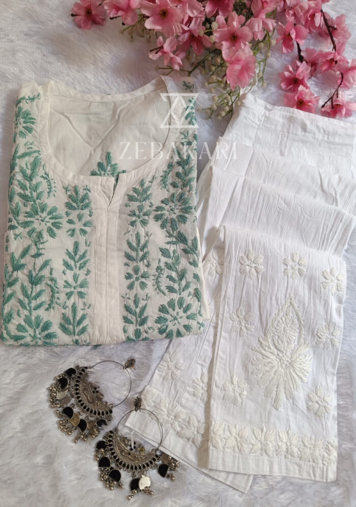 Sadiya Cotton Chikankari Long Kurti with Pant- Mint Green - Image 1