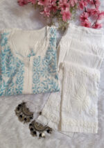 Sadiya Cotton Chikankari Long Kurti with Pant- Sky Blue