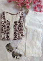 Sadiya Cotton Chikankari Long Kurti with Pant - Brown