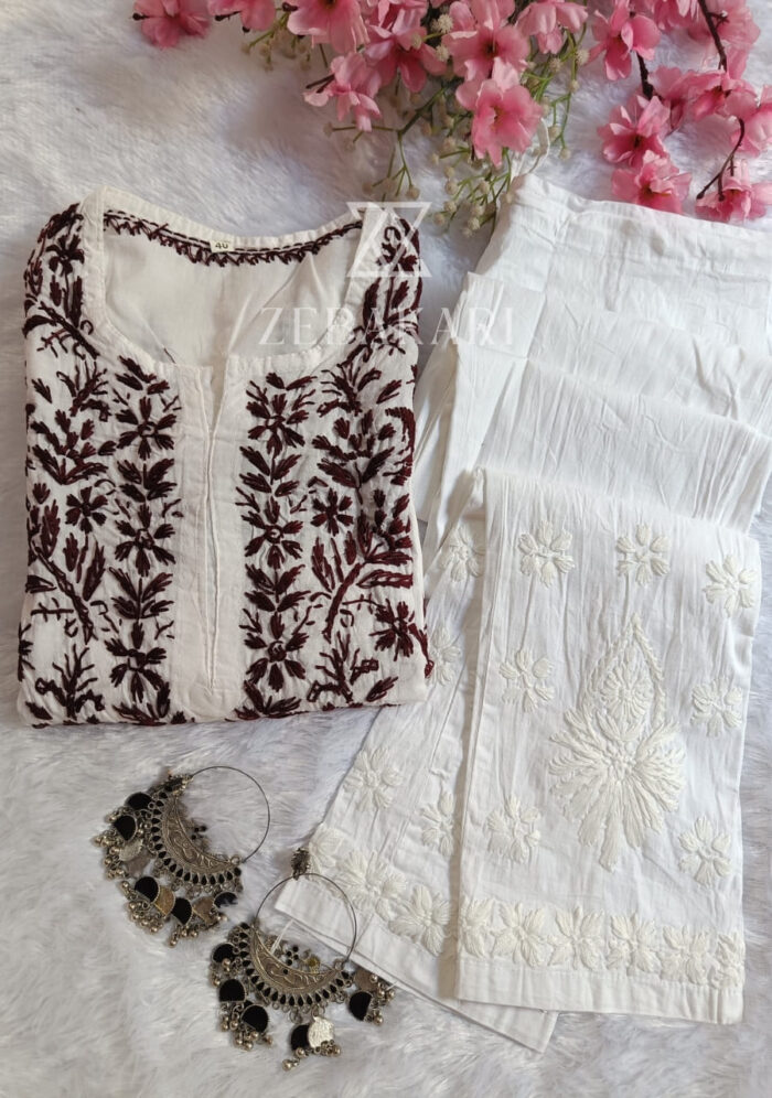 Sadiya Cotton Chikankari Long Kurti with Pant - Brown - Image 1