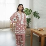 Mehr Ombre Modal 3D Chikankari Co-ord Set- Light Brown