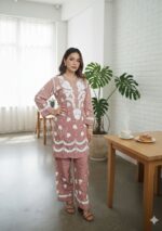 Mehr Ombre Modal 3D Chikankari Co-ord Set- Light Brown