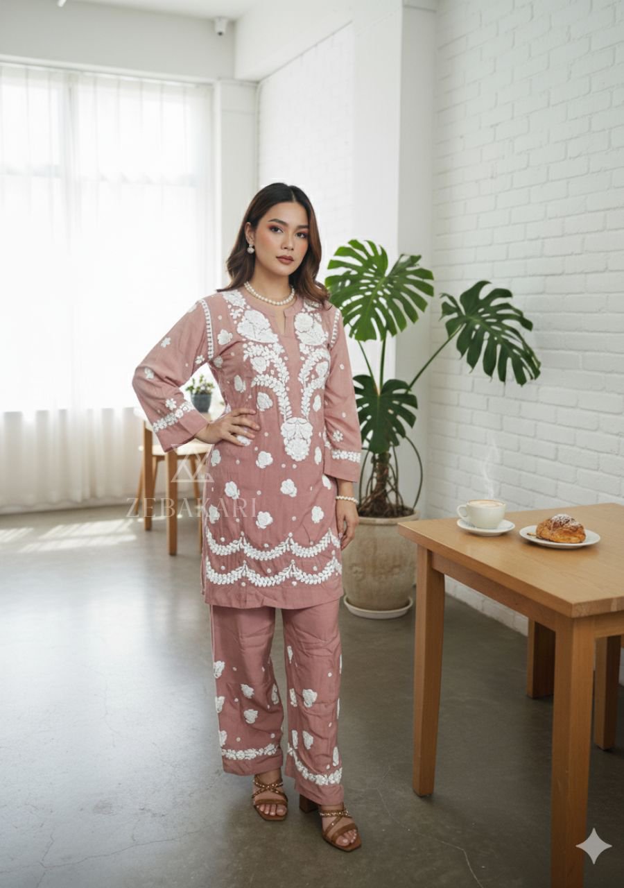 2025/08/1001506069.jpg Mehr Ombre Modal 3D Chikankari Co-ord Set- Light Brown - Image 1