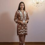 Mehr Ombre Modal 3D Chikankari Co-ord Set- Dark Brown