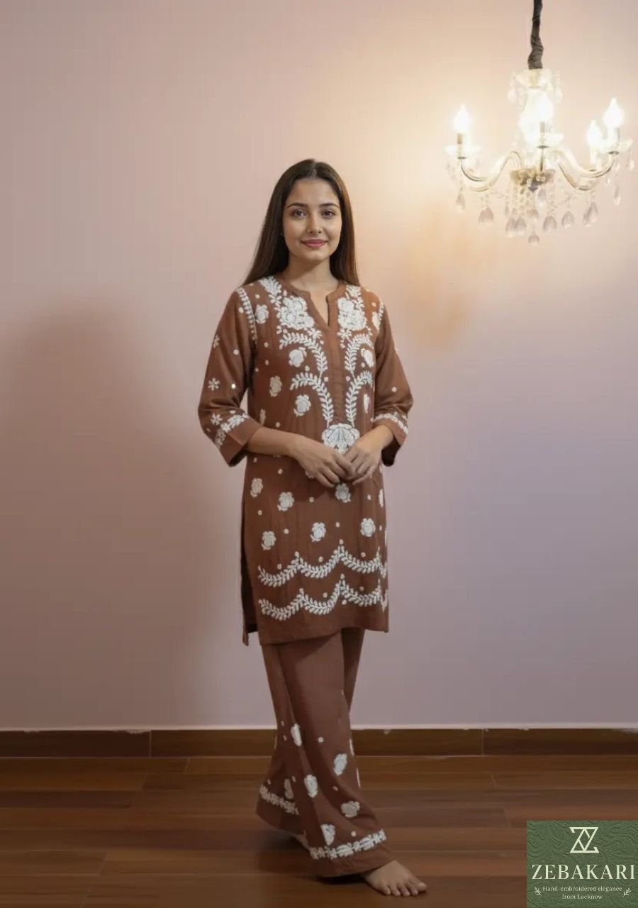 2025/08/1001506073.jpg Mehr Ombre Modal 3D Chikankari Co-ord Set- Dark Brown - Image 1