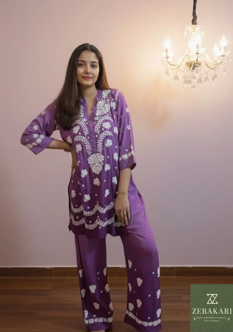 2025/08/1001506075.jpg Mehr Ombre Modal 3D Chikankari Co-ord Set- Purple - Image 1