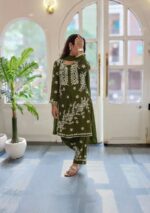 Zeeba Modal 3D Chikankari Co-ord Set- Mehndi Green