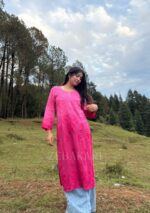 Iqra Pink Chikankari Modal Long Kurta