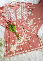 Zeeba Modal 3D Chikankari Co-ord Set- Terracotta Peach - Image 2
