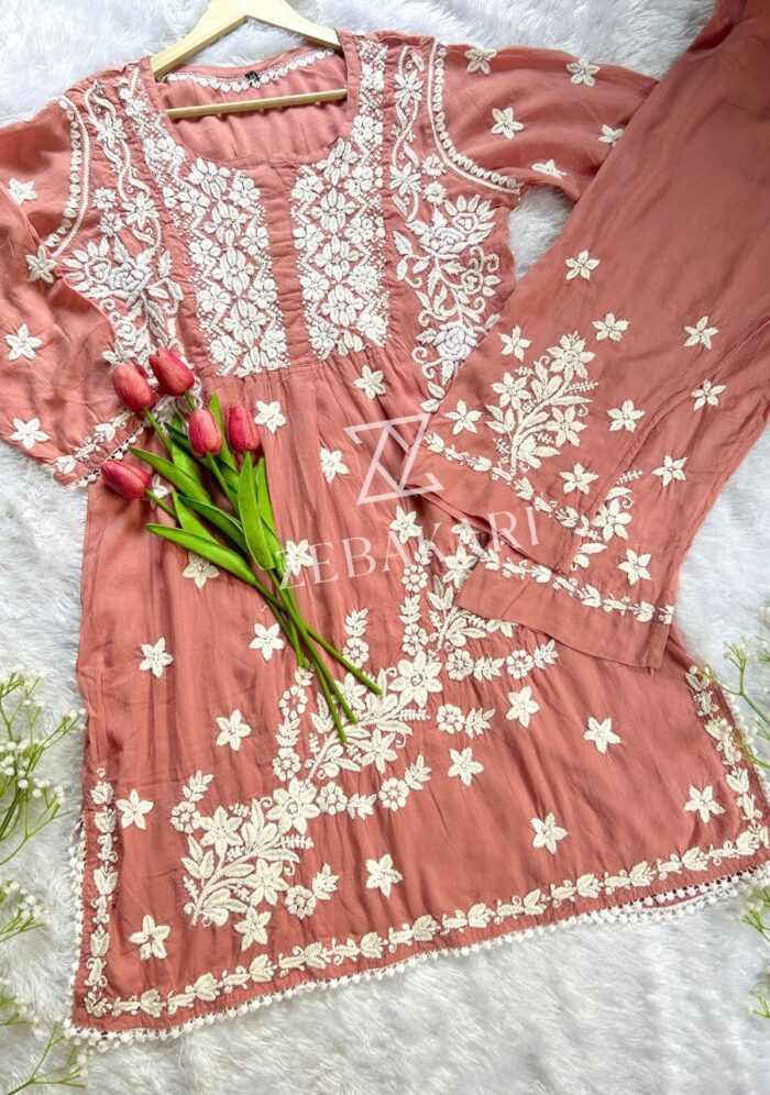 Zeeba Modal 3D Chikankari Co-ord Set- Terracotta Peach - Image 2