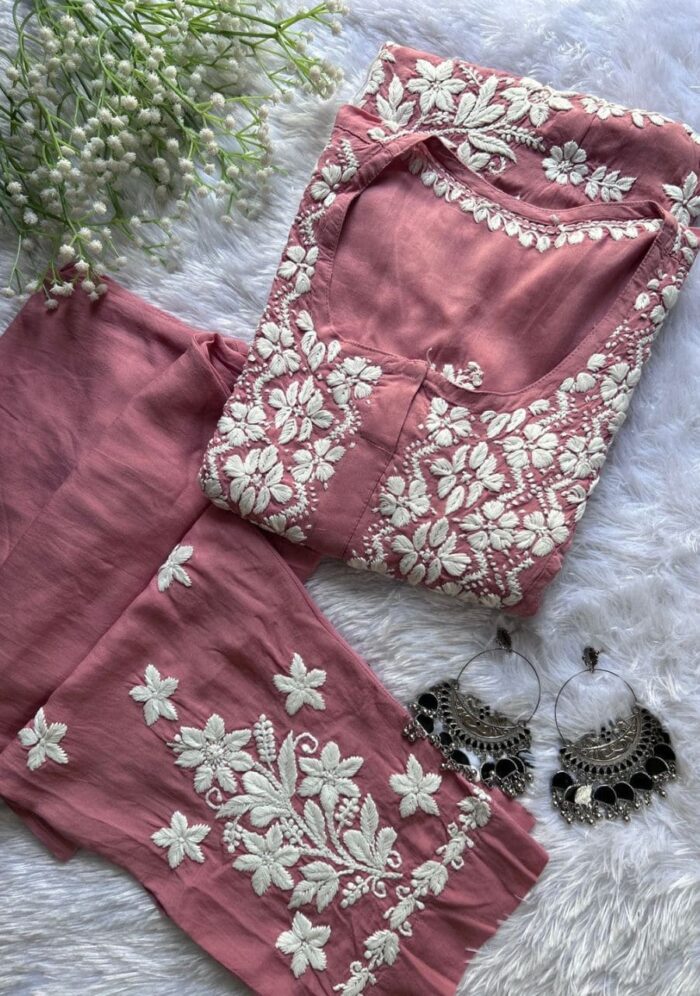 Zeeba Modal 3D Chikankari Co-ord Set- Terracotta Peach - Image 1
