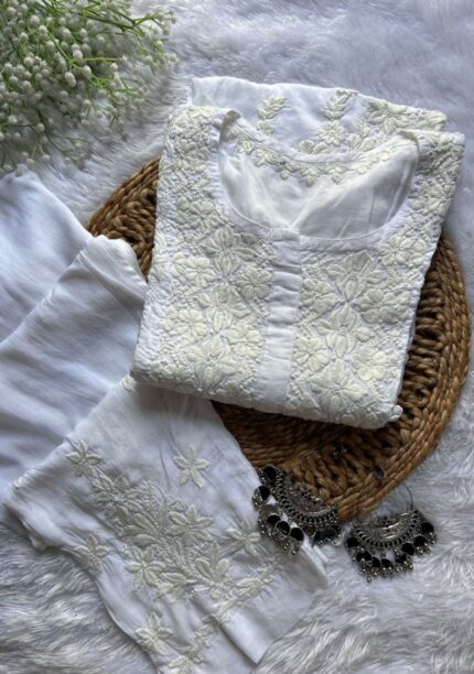 Zeeba Modal 3D Chikankari Co-ord Set- White