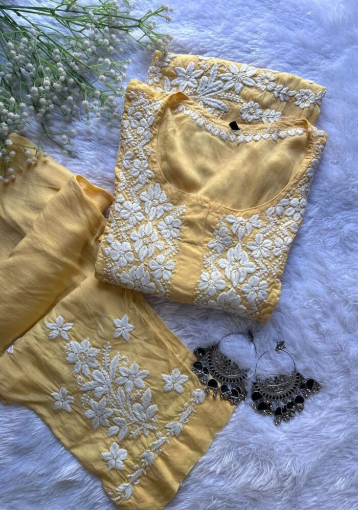 Zeeba Modal 3D Chikankari Co-ord Set- Butter Yellow - Image 1