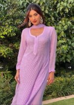 Dia Viscose Resham Jaal Chikankari and Mukesh Work 3pc  Set- Lavender - Image 2