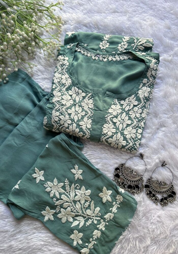 Zeeba Modal 3D Chikankari Co-ord Set- Olive green - Image 1