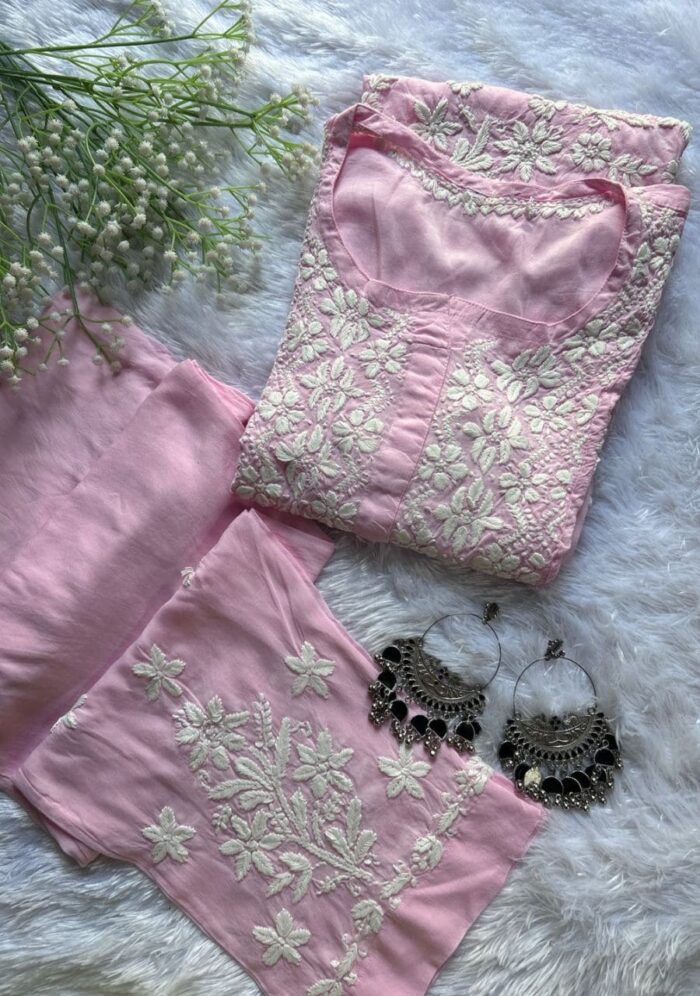 Zeeba Modal 3D Chikankari Co-ord Set- Baby Pink - Image 1