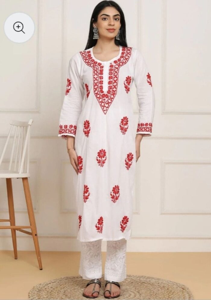 Sadiya Cotton Chikankari Long Kurti with Pant - Red - Image 1