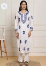 Sadiya Cotton Chikankari Long Kurti with Pant- Blue