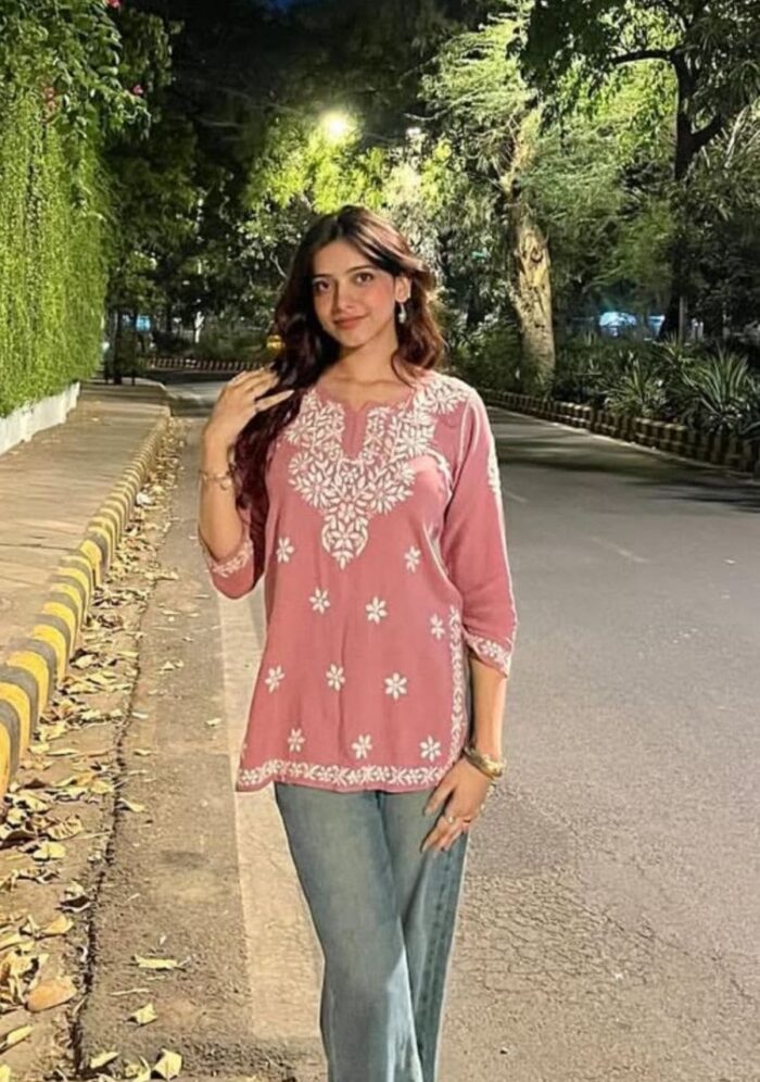 Daisy Chikankari Rayon Short Kurti - Nude Pink - Image 1