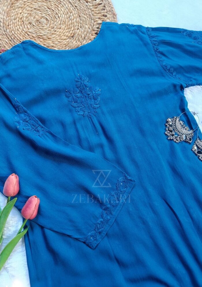 Noor Chikankari Mukesh Work Rayon Long Kurti Set with Dupatta - Blue - Image 14