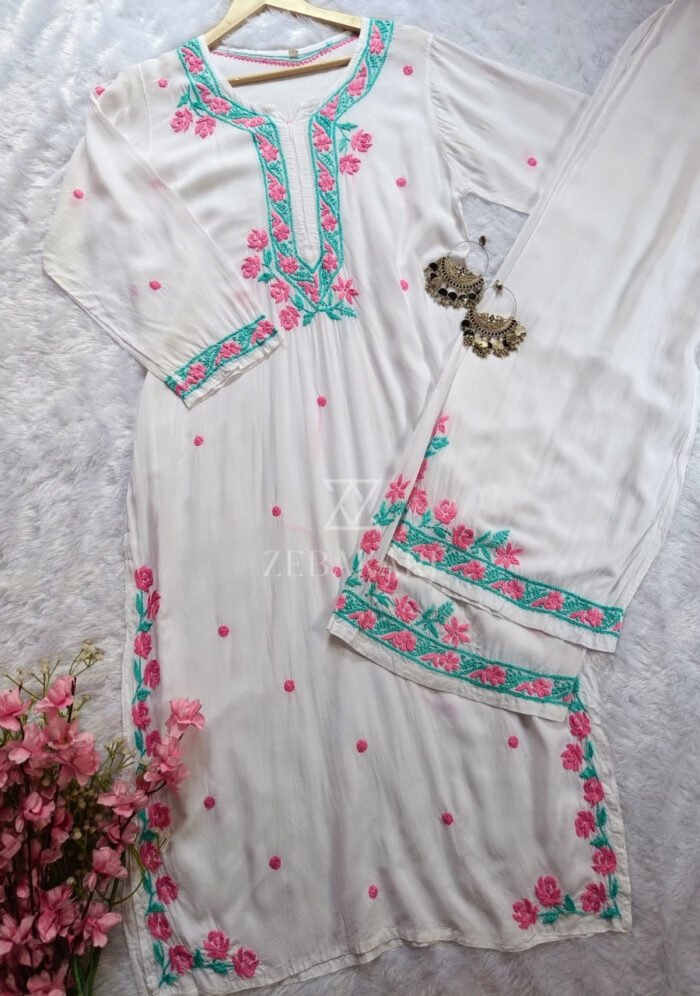 Soha Chikankari Modal Straight Kurta Set - White - Image 2
