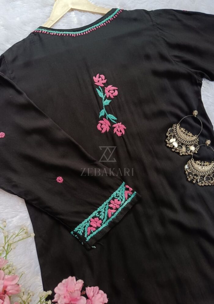 Soha Chikankari Modal Straight Kurta Set - Black - Image 5
