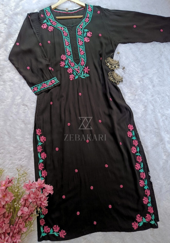 Soha Chikankari Modal Straight Kurta Set - Black - Image 4