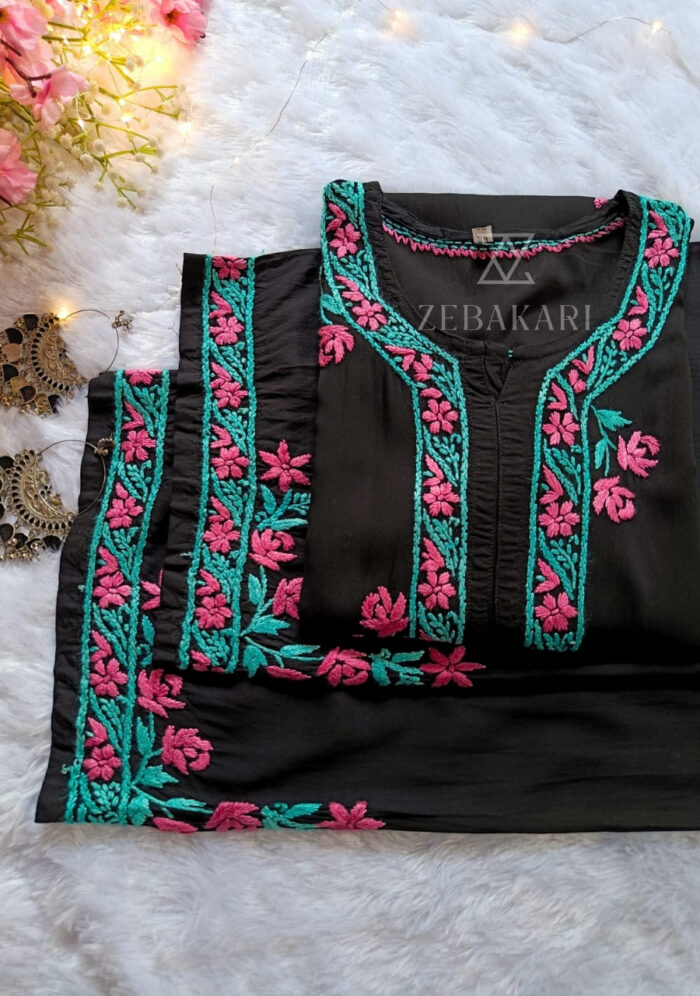 Soha Chikankari Modal Straight Kurta Set - Black - Image 1