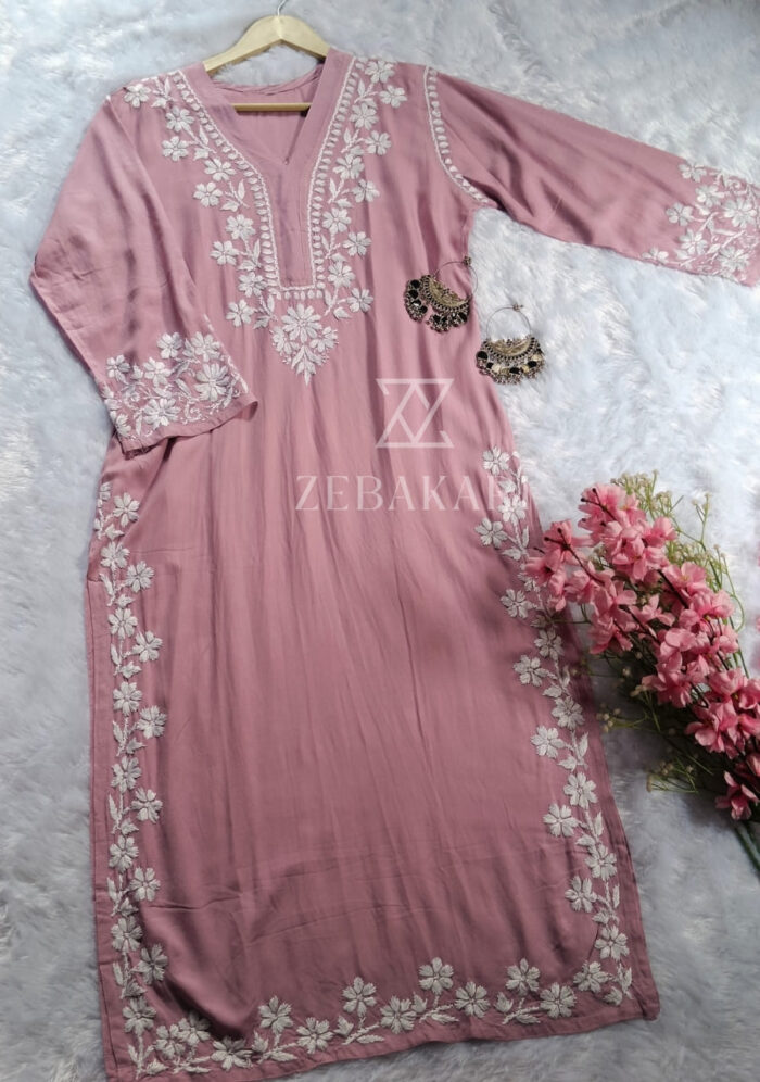 Elira Rayon Chikankari Long Kurti- Dusty Rose Pink - Image 3