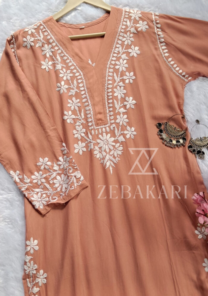 Elira Rayon Chikankari Long Kurti- Terracotta peach - Image 3