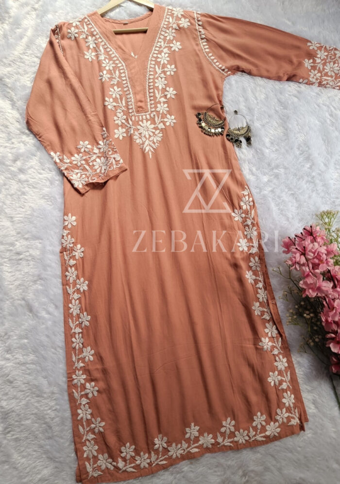 Elira Rayon Chikankari Long Kurti- Terracotta peach - Image 4