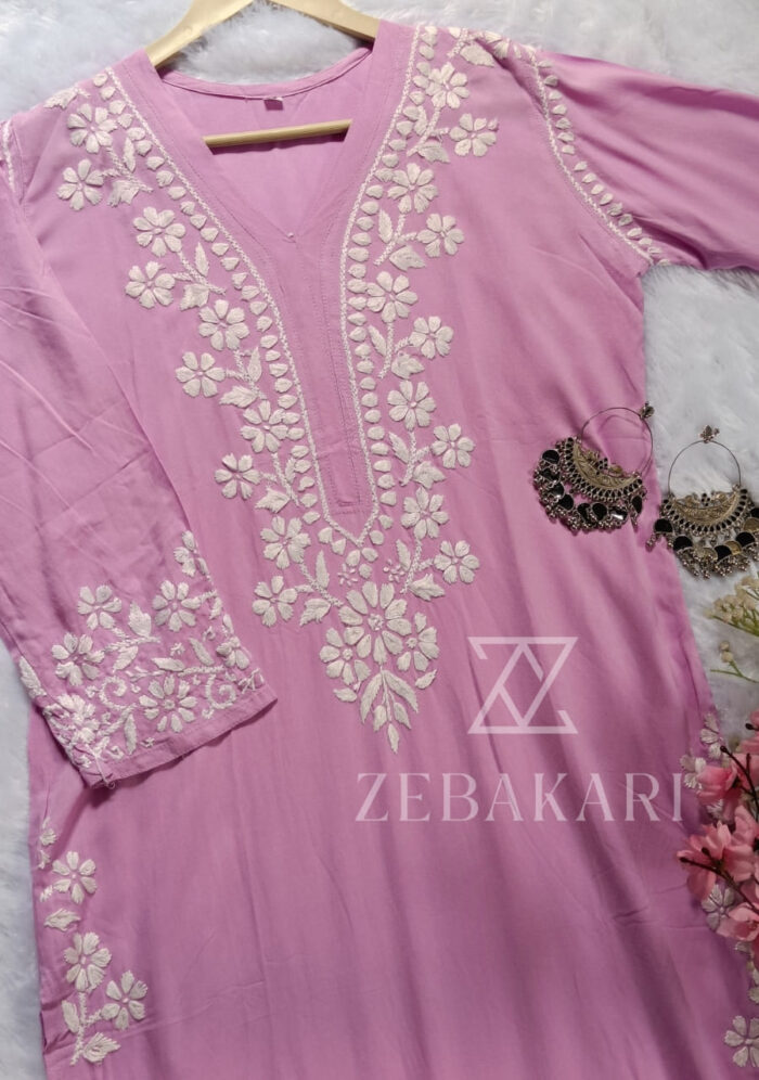 Elira Rayon Chikankari Long Kurti- Lavender - Image 1