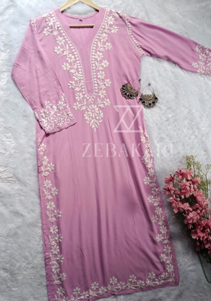 Elira Rayon Chikankari Long Kurti- Lavender - Image 3
