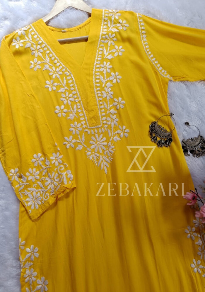 Elira Rayon Chikankari Long Kurti- Mango Yellow - Image 1