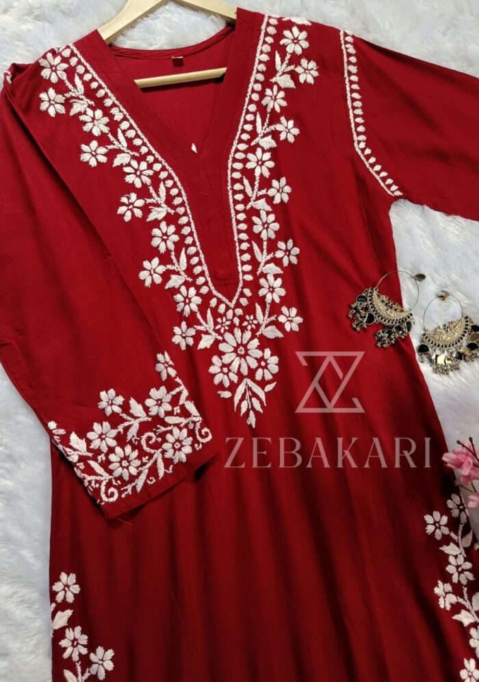 Elira Rayon Chikankari Long Kurti- Maroon - Image 3