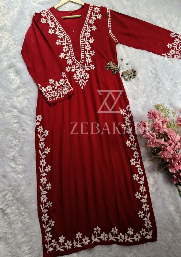 Elira Rayon Chikankari Long Kurti- Maroon - Image 4