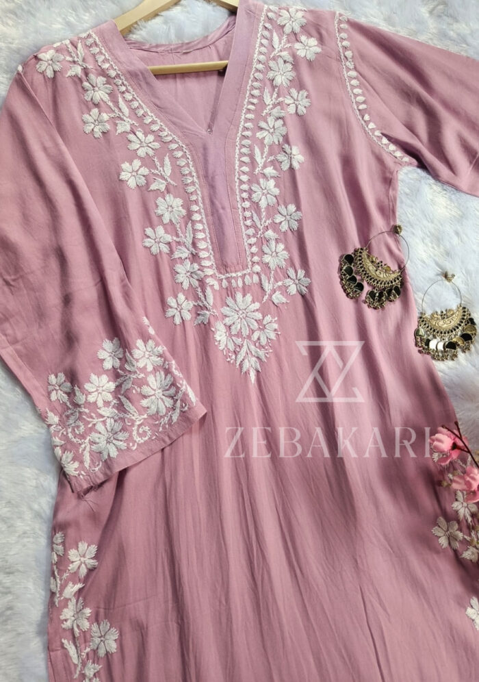 Elira Rayon Chikankari Long Kurti- Dusty Rose Pink - Image 1