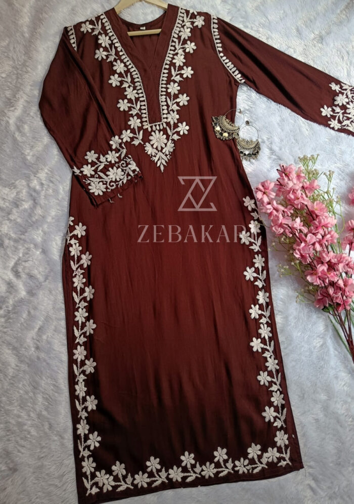 Elira Rayon Chikankari Long Kurti- Chocolate Brown - Image 3