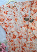 Phoolkari Mulmul Chikankari Long Kurti Palazzo Set- Orange - Image 4